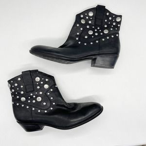 Franco Sarto Vegas Studded Ankle Bootie Shoes Sz 9 Black Leather Heels Pull On